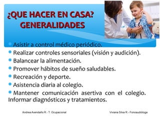 ¿QUE HACER EN CASA?
   GENERALIDADES

Asistir a control médico periódico.
Realizar controles sensoriales (visión y audición).
Balancear la alimentación.
Promover hábitos de sueño saludables.
Recreación y deporte.
Asistencia diaria al colegio.
Mantener   comunicación asertiva con el colegio.
Informar diagnósticos y tratamientos.
 