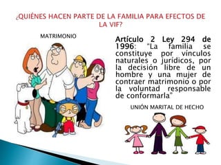 Artículo 2 Ley 294 de
1996: “La familia se
constituye por vínculos
naturales o jurídicos, por
la decisión libre de un
hombre y una mujer de
contraer matrimonio o por
la voluntad responsable
de conformarla”
MATRIMONIO
UNIÓN MARITAL DE HECHO
 