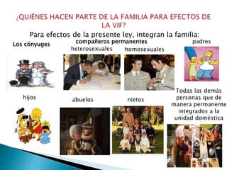 Para efectos de la presente ley, integran la familia:
Los cónyuges compañeros permanentes
homosexualesheterosexuales
padres
nietosabueloshijos
Todas las demás
personas que de
manera permanente
integrados a la
unidad doméstica
 