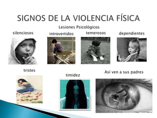 Lesiones Psicológicos
tristes
timidez
silenciosos
Así ven a sus padres
dependientesintrovertidos temerosos
 