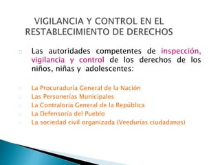 Las autoridades competentes de inspección,
vigilancia y control de los derechos de los
niños, niñas y adolescentes:
La Procuraduría General de la Nación
Las Personerías Municipales
La Contraloría General de la República
La Defensoría del Pueblo
La sociedad civil organizada (Veedurías ciudadanas)
 