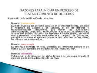 Resultado de la verificación de derechos:
Derecho inobservado
La inobservancia del derecho consiste en el incumplimiento, omisión
o negación de acceso a un servicio, o de los deberes y
responsabilidades ineludibles que tienen las autoridades
administrativas, judiciales, tradicionales nacionales o extranjeras,
actores del Sistema Nacional de Bienestar Familiar (SNBF), sociedad
civil y personas naturales nacionales o extranjeras, de garantizar,
permitir o procurar el ejercicio pleno de los derechos de los niños,
las niñas o los adolescentes
Derecho amenazado
La amenaza consiste en toda situación de inminente peligro o de
riesgo para el ejercicio de los derechos de todos los NNA
Derecho vulnerado
Vulneración es la situación de daño, lesión o perjuicio que impide el
ejercicio pleno de los derechos de los NNA
 