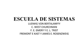 ESCUELA DE SISTEMAS
LUDWIG VON BERTALANFFY
C. WEST CHURCHMAN
F. E. EMERY Y E. L. TRIST
FREMONT E KAST Y JAMES E. ROSENZWEIG
 