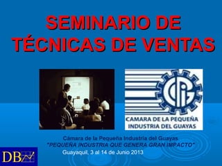 SEMINARIO DESEMINARIO DE
TÉCNICAS DE VENTASTÉCNICAS DE VENTAS
Cámara de la Pequeña Industria del Guayas
"PEQUEÑA INDUSTRIA QUE GENERA GRAN IMPACTO"
Guayaquil, 3 al 14 de Junio 2013
 