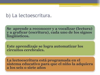 b) La lectoescritura.
Se aprende a reconocer y a vocalizar (lectura)
y a graficar (escritura), cada uno de los signos
lingüísticos.
Este aprendizaje se logra automatizar los
circuitos cerebrales.
La lectoescritura está programada en el
sistema educativo para que el niño la adquiera
a los seis o siete años
 