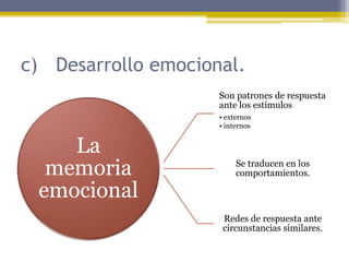 c) Desarrollo emocional.
La
memoria
emocional
Son patrones de respuesta
ante los estímulos
• externos
• internos
Se traducen en los
comportamientos.
Redes de respuesta ante
circunstancias similares.
 