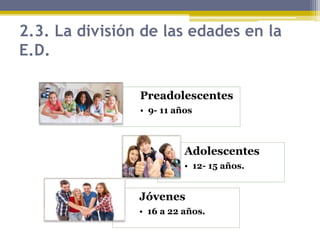 2.3. La división de las edades en la
E.D.
Preadolescentes
• 9- 11 años
Adolescentes
• 12- 15 años.
Jóvenes
• 16 a 22 años.
 