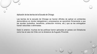 Aplicación de las teorías de la Escuela de Chicago
Las teorías de la escuela de Chicago se hacían difíciles de aplicar en ambientes
democráticos en donde trabajadores y empresarios se opondrían firmemente a que
las ayudas (subsidios, beneficios, protección mínima, etc.) que se les entregaban
fueran reducidas o eliminadas.
Dado lo anterior, muchas de las políticas fueron aplicadas en países con Dictaduras
como fue el caso de Chile con la dictadura de Augusto Pinochet.
 