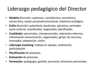 Liderazgo pedagógico del Director
• Modelo dirección: castrense, sociotécnico, económico,
sociocrítico, social, psicocomunicacional, sistémico ecológico.
• Estilo dirección: autoritario, burócrata, ejecutivo, animador
socio-cultural, coordinador, negociador, planificador.
• Cualidades: personales, interpersonales, relaciones externas,
información-comunicación, organizador, gestor de recursos,
innovador, adaptación, visión.
• Liderazgo-Coaching: trabajo en equipo, motivación,
participación.
• Planificación de procesos.
• Evaluación de procesos.
• Formación: pedagogía, gestión, personal, relaciones personales,

 