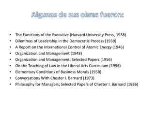 • The Functions of the Executive (Harvard University Press, 1938) 
• Dilemmas of Leadership in the Democratic Process (1939) 
• A Report on the International Control of Atomic Energy (1946) 
• Organization and Management (1948) 
• Organization and Management: Selected Papers (1956) 
• On the Teaching of Law in the Liberal Arts Curriculum (1956) 
• Elementary Conditions of Business Morals (1958) 
• Conversations With Chester I. Barnard (1973) 
• Philosophy for Managers; Selected Papers of Chester I. Barnard (1986) 
 