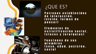 P a t r o n e s e s t a b l e c i d o s
d e i n t e r a c c i ó n .
( v i s i ó n , f o r m a s d e
p e n s a r )
E l e m e n t o s d e
e s t r a t i f i c a c i ó n s o c i a l .
( c l a s e s y j e r a r q u í a s )
F u n c i o n e s d e s u s
m i e m b r o s
( s e x o , e d a d , p o s i c i ó n .
s o c i a l
¿QUE ES?
 