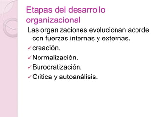 Etapas del desarrollo
organizacional
Las organizaciones evolucionan acorde
  con fuerzas internas y externas.
 creación.
 Normalización.
 Burocratización.
 Critica y autoanálisis.
 