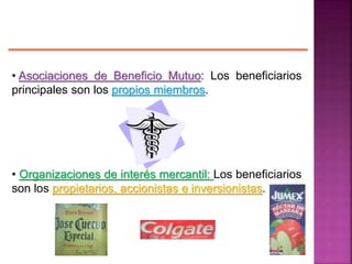 • Asociaciones de Beneficio Mutuo: Los beneficiarios
principales son los propios miembros.
• Organizaciones de interés mercantil: Los beneficiarios
son los propietarios, accionistas e inversionistas.
 