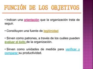 • Indican una orientación que la organización trata de
seguir.
• Constituyen una fuente de legitimidad
• Sirven como patrones, a través de los cuáles pueden
evaluar el éxito de la organización.
• Sirven como unidades de medida para verificar y
comparar su productividad.
 