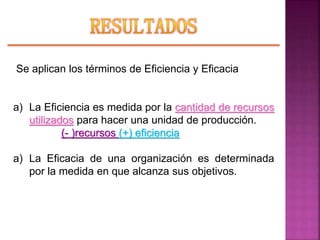 Se aplican los términos de Eficiencia y Eficacia
a) La Eficiencia es medida por la cantidad de recursos
utilizados para hacer una unidad de producción.
(- )recursos (+) eficiencia
a) La Eficacia de una organización es determinada
por la medida en que alcanza sus objetivos.
 