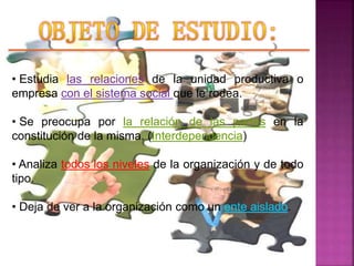 • Estudia las relaciones de la unidad productiva o
empresa con el sistema social que le rodea.
• Se preocupa por la relación de las partes en la
constitución de la misma. (Interdependencia)
• Analiza todos los niveles de la organización y de todo
tipo.
• Deja de ver a la organización como un ente aislado.
 