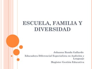ESCUELA, FAMILIA Y DIVERSIDAD Johanna Banda Gallardo  Educadora Diferencial Especialista en Audición y Lenguaje Magister Gestión Educativa 