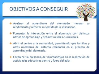 OBJETIVOS A CONSEGUIR
 Acelerar el aprendizaje del alumnado, mejorar su
rendimiento y reforzar su sentido de la solidaridad.
 Fomentar la interacción entre el alumnado con distintos
ritmos de aprendizaje y distintos niveles curriculares.
 Abrir el centro a la comunidad, permitiendo que familias y
otros miembros del entorno colaboren en el proceso de
aprendizaje del alumnado.
 Favorecer la presencia de voluntarios/as en la realización de
actividades educativas dentro y fuera del aula.
 