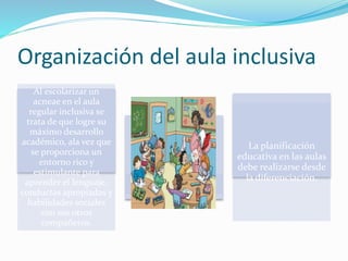 Organización del aula inclusiva
Al escolarizar un
acneae en el aula
regular inclusiva se
trata de que logre su
máximo desarrollo
académico, ala vez que
se proporciona un
entorno rico y
estimulante para
aprender el lenguaje,
conductas apropiadas y
habilidades sociales
con sus otros
compañeros.
La planificación
educativa en las aulas
debe realizarse desde
la diferenciación.
 