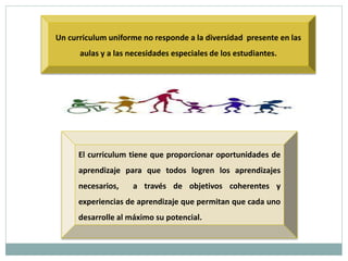 Un curriculum uniforme no responde a la diversidad presente en las
aulas y a las necesidades especiales de los estudiantes.
El curriculum tiene que proporcionar oportunidades de
aprendizaje para que todos logren los aprendizajes
necesarios, a través de objetivos coherentes y
experiencias de aprendizaje que permitan que cada uno
desarrolle al máximo su potencial.
 