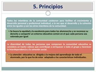 5. Principios
Todos los miembros de la comunidad colaboran para facilitar el crecimiento y
desarrollo personal y profesional individual, a la vez que el desarrollo y la cohesión
entre los iguales y con los otros miembros de la comunidad.
• Se busca la equidad y la excelencia para todos los alumnos/as y se reconoce su
derecho a compartir un entorno educativo común en el que cada persona sea
valorada por igual.
La diversidad de todas las personas que componen la comunidad educativa se
considera un hecho valioso que contribuye a enriquecer a todo el grupo y favorecer
la interdependencia y la cohesión social.
• La atención educativa va dirigida a la mejora del aprendizaje de todo el
alumnado, por lo que ha de estar adaptada a las características individuales.
 
