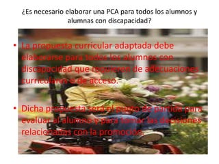 ¿Es necesario elaborar una PCA para todos los alumnos y
alumnas con discapacidad?
• La propuesta curricular adaptada debe
elaborarse para todos los alumnos con
discapacidad que requieren de adecuaciones
curriculares o de acceso.
• Dicha propuesta será el punto de partida para
evaluar al alumno y para tomar las decisiones
relacionadas con la promoción.
 