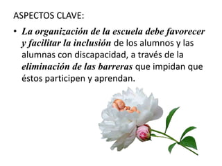 ASPECTOS CLAVE:
• La organización de la escuela debe favorecer
y facilitar la inclusión de los alumnos y las
alumnas con discapacidad, a través de la
eliminación de las barreras que impidan que
éstos participen y aprendan.
 