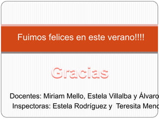 Fuimos felices en este verano!!!!




Docentes: Miriam Mello, Estela Villalba y Álvaro
Inspectoras: Estela Rodríguez y Teresita Mend
 