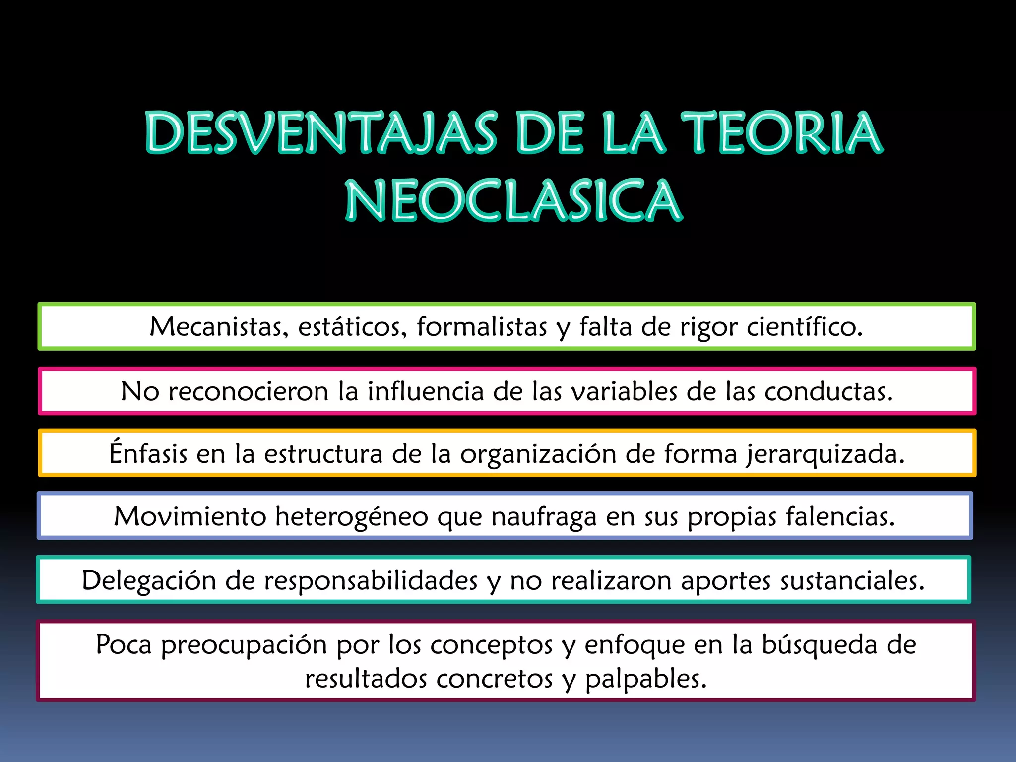 Énfasis en la estructura de la organización de forma jerarquizada.
Delegación de responsabilidades y no realizaron aportes sustanciales.
Mecanistas, estáticos, formalistas y falta de rigor científico.
No reconocieron la influencia de las variables de las conductas.
Movimiento heterogéneo que naufraga en sus propias falencias.
Poca preocupación por los conceptos y enfoque en la búsqueda de
resultados concretos y palpables.
 