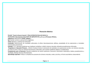 Planeación didáctica
Escuela: “Santa Fe Nueva Creación” Clave:25PR0679O Zona 025 Sector VI.
Practicantes: Páez Guevara Liliana Fecha de aplicación del 6_ al _17_ de Octubre del2014.
Asignatura: Matemáticas Grado:2 Bloque:1
Eje: Sentido numérico y pensamiento algebraico
Tema: Números y sistemas de numeración
Contenido: Determinación de resultados adicionales al utilizar descomposiciones aditivas, propiedades de las operaciones y resultados
memorizados previamente
Estándar: 1.3.1. Resuelve problemas que impliquen multiplicar o dividir números naturales utilizando procedimientos informales.
Propósitos en Educación Primaria: _ Utilicen el cálculo mental, la estimación de resultados o las operaciones escritas con números naturales,
así como la suma y resta con números fraccionarios y decimales, para resolver problemas aditivos y multiplicativos.
Competencias que se favorecen: Resolver problemas de manera autónoma, Comunicar información matemática, Validar procedimientos y
resultados, Manejar técnicas eficientemente.
Aprendizaje esperado: Produce o completa de sucesiones de números naturales, orales y escritos, en forma ascendente o descendente.
Página 24
 