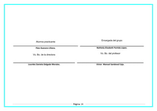 Alumna practicante
Encargada del grupo
Páez Guevara Liliana. Nathiely Elizabeth Partida López.
Vo. Bo. de la directora
Vo. Bo. del profesor
Lourdes Daniela Delgado Morales. Víctor Manuel Sandoval Ceja.
Página 28
 