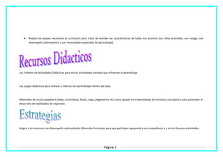 • Realizo los ajustes necesarios al currículum para tratar de atender las características de todos mis alumnos (los niños promedio, con rezago, con
desempeño sobresaliente y con necesidades especiales de aprendizaje).
Los Ficheros de Actividades Didácticas para incluir actividades variadas que refuercen el aprendizaje.
Los juegos didácticos para motivar y reforzar los aprendizajes dentro del aula.
Materiales de reusó y papelería (latas, corcholatas, botes, cajas, pegamento, etc.) para apoyar en el aprendizaje de nociones, conceptos y para promover el
desarrollo de habilidades de expresión.
Asigno a los alumnos con desempeño sobresaliente diferentes funciones para que participen apoyando a sus compañeros o a mí en diversas actividades.
Página 6
 
