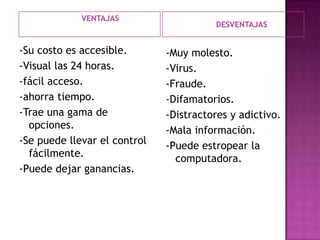 VENTAJAS

-Su costo es accesible.
-Visual las 24 horas.
-fácil acceso.
-ahorra tiempo.
-Trae una gama de
opciones.
-Se puede llevar el control
fácilmente.
-Puede dejar ganancias.

DESVENTAJAS

-Muy molesto.
-Virus.
-Fraude.
-Difamatorios.
-Distractores y adictivo.
-Mala información.
-Puede estropear la
computadora.

 