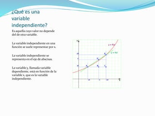 ¿Qué es una
variable
independiente?
Es aquella cuyo valor no depende
del de otra variable.
La variable independiente en una
función se suele representar por x.
La variable independiente se
representa en el eje de abscisas.
La variable y, llamada variable
dependiente, está en función de la
variable x, que es la variable
independiente.
 