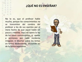 ¿QUÉ NO ES ENSEÑAR?


No lo es, que el profesor hable
mucho, porque los conocimientos no
se transmiten del cerebro del
profesor a los de sus oyentes por el
mero hecho de que aquel hable sin
pausa y medida. Aquí no opera la ley
de los vasos comunicantes, ni apelar
a sermones por cada incidente
irregular, ni disertar sobre los temas
en forma desbordante, abusando así
de la forma expositiva.
 