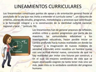 LINEAMIENTOS CURRICULARES
Los lineamientos constituyen puntos de apoyo y de orientación general frente al
postulado de la Ley que nos invita a entender el currículo como "...un conjunto de
criterios, planes de estudio, programas, metodologías y procesos que contribuyen
a la formación integral y a la construcción de la identidad cultural nacional,
regional y local..." (artículo 76).
                              Los lineamientos han de generar procesos de reflexión,
                              análisis crítico y ajustes progresivos por parte de los
                              maestros, las comunidades educativas y los
                              investigadores educativos, hacen posible iniciar un
                              cambio profundo hacia nuevas realidades en donde las
                              "utopías" y la imaginación de nuevos modelos de
                              sociedad estimulen entre nosotros un hombre nuevo
                              con una actitud mental nueva, consciente de que no
                              hay realidades por imitar sino futuros por construir, y
                              en el cual las mejores condiciones de vida que se
                              vayan alcanzando exigirán no tanto tener más sino ser
                              más, pues ésta es la verdadera condición del progreso
                              humano.
 