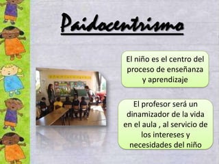 Paidocentrismo
       El niño es el centro del
       proceso de enseñanza
            y aprendizaje

          El profesor será un
        dinamizador de la vida
       en el aula , al servicio de
             los intereses y
         necesidades del niño
 