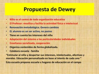 Propuesta de Dewey
• Niño es el centro de toda organización educativa
• El Profesor: moviliza y facilita la actividad física e intelectual
• Renovación metodológica. Genera cambios
• EL alumno es un ser activo, no pasivo
• Tiene en cuenta los intereses del niño
• Adaptación del sistema a las particularidades individuales
• Enseñanza socializada, cooperación
• Organiza contenidos de forma globalizada.
• Colabora escuela - familia
“Estimular al niño y despertar sus intereses, intelectuales, afectivas y
morales. Educación personalizada en base al interés de cada uno “
Esta escuela propone escuela u hogares de educación en el campo
 