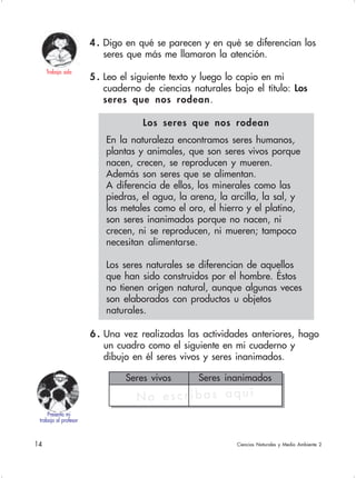 14 Ciencias Naturales y Medio Ambiente 2
Presento mi
trabajo al profesor
4 . Digo en qué se parecen y en qué se diferencian los
seres que más me llamaron la atención.
5 . Leo el siguiente texto y luego lo copio en mi
cuaderno de ciencias naturales bajo el título: Los
seres que nos rodean.
Los seres que nos rodean
En la naturaleza encontramos seres humanos,
plantas y animales, que son seres vivos porque
nacen, crecen, se reproducen y mueren.
Además son seres que se alimentan.
A diferencia de ellos, los minerales como las
piedras, el agua, la arena, la arcilla, la sal, y
los metales como el oro, el hierro y el platino,
son seres inanimados porque no nacen, ni
crecen, ni se reproducen, ni mueren; tampoco
necesitan alimentarse.
Los seres naturales se diferencian de aquellos
que han sido construidos por el hombre. Éstos
no tienen origen natural, aunque algunas veces
son elaborados con productos u objetos
naturales.
6 . Una vez realizadas las actividades anteriores, hago
un cuadro como el siguiente en mi cuaderno y
dibujo en él seres vivos y seres inanimados.
Seres vivos Seres inanimados
Trabajo sola
N o e s c r i b a s a q u í
 