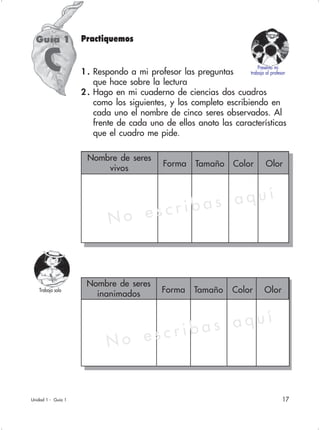 17
Forma Tamaño Color
Unidad 1 - Guía 1
Guía 1
C
Trabajo solo Forma Tamaño Color Olor
Olor
Nombre de seres
inanimados
Nombre de seres
vivos
Presento mi
trabajo al profesor1 . Respondo a mi profesor las preguntas
que hace sobre la lectura
2 . Hago en mi cuaderno de ciencias dos cuadros
como los siguientes, y los completo escribiendo en
cada uno el nombre de cinco seres observados. Al
frente de cada uno de ellos anoto las características
que el cuadro me pide.
Practiquemos
N o e s c r i b a s a q u í
N o e s c r i b a s a q u í
 