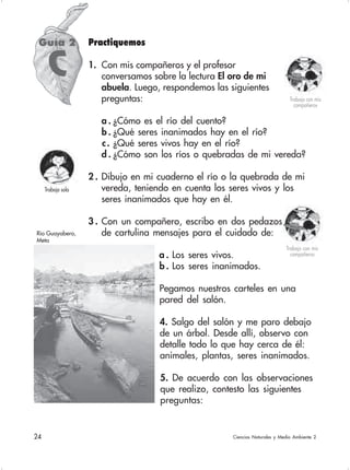 24 Ciencias Naturales y Medio Ambiente 2
Practiquemos
1. Con mis compañeros y el profesor
conversamos sobre la lectura El oro de mi
abuela. Luego, respondemos las siguientes
preguntas:
a . ¿Cómo es el río del cuento?
b . ¿Qué seres inanimados hay en el río?
c. ¿Qué seres vivos hay en el río?
d . ¿Cómo son los ríos o quebradas de mi vereda?
2 . Dibujo en mi cuaderno el río o la quebrada de mi
vereda, teniendo en cuenta los seres vivos y los
seres inanimados que hay en él.
3 . Con un compañero, escribo en dos pedazos
de cartulina mensajes para el cuidado de:
a . Los seres vivos.
b . Los seres inanimados.
Pegamos nuestros carteles en una
pared del salón.
4. Salgo del salón y me paro debajo
de un árbol. Desde allí, observo con
detalle todo lo que hay cerca de él:
animales, plantas, seres inanimados.
5. De acuerdo con las observaciones
que realizo, contesto las siguientes
preguntas:
Guía 2
C
Trabajo con mis
compañeros
Río Guayabero,
Meta
Trabajo con mis
compañeros
Trabajo sola
 