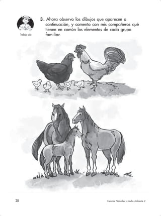 28  Ciencias Naturales y Medio Ambiente 2
3 . Ahora observo los dibujos que aparecen a
continuación, y comento con mis compañeros qué
tienen en común los elementos de cada grupo
familiar.Trabajo solo
 