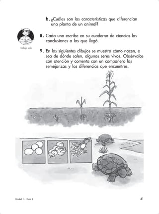 41Unidad 1 - Guía 4
8 . Cada uno escribe en su cuaderno de ciencias las
conclusiones a las que llegó.
9 . En los siguientes dibujos se muestra cómo nacen, o
sea de dónde salen, algunos seres vivos. Obsérvalos
con atención y comenta con un compañero las
semejanzas y las diferencias que encuentres.
Trabajo solo
b . ¿Cuáles son las características que diferencian
una planta de un animal?
 