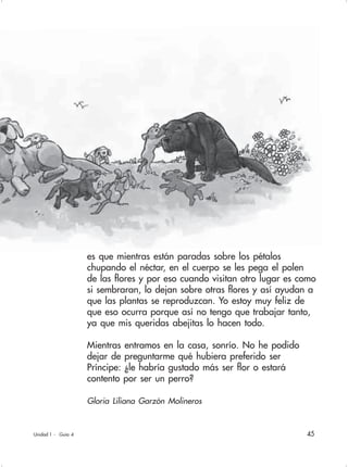 45
es que mientras están paradas sobre los pétalos
chupando el néctar, en el cuerpo se les pega el polen
de las flores y por eso cuando visitan otro lugar es como
si sembraran, lo dejan sobre otras flores y así ayudan a
que las plantas se reproduzcan. Yo estoy muy feliz de
que eso ocurra porque así no tengo que trabajar tanto,
ya que mis queridas abejitas lo hacen todo.
Mientras entramos en la casa, sonrío. No he podido
dejar de preguntarme qué hubiera preferido ser
Príncipe: ¿le habría gustado más ser flor o estará
contento por ser un perro?
Gloria Liliana Garzón Molineros
Unidad 1 - Guía 4
 