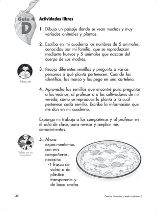 48 Ciencias Naturales y Medio Ambiente 2
Guía 4
D
Trabajo con mis
compañeros
Trabajo sola
Actividades libres
1 . Dibujo un paisaje donde se vean muchos y muy
variados animales y plantas.
2 . Escribo en mi cuaderno los nombres de 5 animales,
conocidos por mi familia, que se reproduzcan
mediante huevos y 5 animales que nazcan del
cuerpo de sus madres.
3 . Recojo diferentes semillas y pregunto a varias
personas a qué planta pertenecen. Cuando las
identifico, las marco y las pego en una cartelera.
4 . Aprovecho las semillas que encontré para preguntar
a los vecinos, al profesor o a los cultivadores de mi
vereda, cómo se reproduce la planta a la cual
pertenece cada semilla. Escribo la información que
me dan en mi cuaderno.
Expongo mi trabajo a los compañeros y al profesor en
el aula de clase, para revisar y ampliar mis
conocimientos.
5 . Ahora
experimentemos
con mis
compañeros,
necesito:
-1 frasco de
vidrio o de
plástico
transparente y
de boca ancha.
 