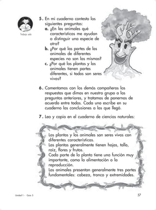 57
Las plantas y los animales son seres vivos con
diferentes características.
Las plantas generalmente tienen hojas, tallo,
raíz, flores y frutos.
Cada parte de la planta tiene una función muy
importante, como la alimentación o la
reproducción.
Los animales presentan generalmente tres partes
fundamentales: cabeza, tronco y extremidades.
Trabajo sola
Unidad 1 - Guía 5
5 . En mi cuaderno contesto las
siguientes preguntas:
a. ¿En los animales qué
características me ayudan
a distinguir una especie de
otra?
b. ¿Por qué las partes de los
animales de diferentes
especies no son las mismas?
c. ¿Por qué las plantas y los
animales tienen partes
diferentes, si todos son seres
vivos?
6 . Comentamos con los demás compañeros las
respuestas que dimos en nuestro grupo a las
preguntas anteriores, y tratamos de ponernos de
acuerdo entre todos. Cada uno escribe en su
cuaderno las conclusiones a las que llegó.
7 . Leo y copio en el cuaderno de ciencias naturales:
 