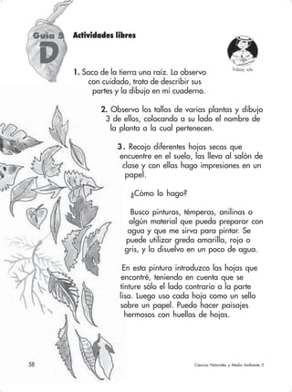 58 Ciencias Naturales y Medio Ambiente 2
Guía 5
1. Saco de la tierra una raíz. La observo
con cuidado, trato de describir sus
partes y la dibujo en mi cuaderno.
2. Observo los tallos de varias plantas y dibujo
3 de ellos, colocando a su lado el nombre de
la planta a la cual pertenecen.
3 . Recojo diferentes hojas secas que
encuentre en el suelo, las llevo al salón de
clase y con ellas hago impresiones en un
papel.
¿Cómo lo hago?
Busco pinturas, témperas, anilinas o
algún material que pueda preparar con
agua y que me sirva para pintar. Se
puede utilizar greda amarilla, roja o
gris, y la disuelvo en un poco de agua.
En esta pintura introduzco las hojas que
encontré, teniendo en cuenta que se
tinture sólo el lado contrario a la parte
lisa. Luego uso cada hoja como un sello
sobre un papel. Puedo hacer paisajes
hermosos con huellas de hojas.
D
Actividades libres
Trabajo solo
58
 
