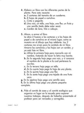 59
4 . Elaboro un libro con las diferentes partes de la
planta. Para esto necesito:
a . 2 cartones del tamaño de un cuaderno.
b . 8 hojas de papel o cartulina.
c. Cinta o pegante.
d . Una raíz, un tallo, una hoja, una flor, un fruto y
una semilla (todo debe estar seco).
e . Cordón de lana, hilo o cabuya.
5 . Ahora, a armar el libro.
Le abro 2 huecos a los cartones y a las hojas de
papel o de cartulina en el mismo lugar, como se
muestra en el dibujo que hay adelante. Los 2
cartones me sirven para la carátula de mi libro.
Amarro las cartulinas y las hojas con un cordón, y
ya está listo mi libro.
a . Utilizo la primera hoja para marcarlo con mi
nombre, tratando de hacer la letra muy bonita.
b . En la segunda hoja pego una raíz, y si conozco
el nombre de la planta a la cual pertenece lo
escribo.
c. En la tercera hoja pego un tallo.
d . En la cuarta hoja pego la hoja de una planta.
e . En la quinta hoja pego una flor.
f. En la sexta hoja pego una tajada de una fruta
seca.
g. En la séptima hoja pego una semilla seca.
h. En la última hoja pego una planta pequeña
completa.
6 . Pido al comité de aseo y al comité ecológico que
organice un lugar en la escuela para exponer
nuestros trabajos, después de haberlos presentado al
profesor para ser revisados y corregidos.
Unidad 1 - Guía 5
 