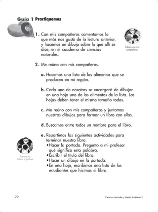72 Ciencias Naturales y Medio Ambiente 2
Guía 1
CCCCC
Trabajo con mis
compañeros
Presento mi
trabajo al profesor
Practiquemos
1 . Con mis compañeros comentamos lo
que más nos gustó de la lectura anterior,
y hacemos un dibujo sobre lo que allí se
dice, en el cuaderno de ciencias
naturales.
2 . Me reúno con mis compañeros.
a . Hacemos una lista de los alimentos que se
producen en mi región.
b . Cada uno de nosotros se encargará de dibujar
en una hoja uno de los alimentos de la lista. Las
hojas deben tener el mismo tamaño todas.
c. Me reúno con mis compañeros y juntamos
nuestros dibujos para formar un libro con ellos.
d . Buscamos entre todos un nombre para el libro.
e . Repartimos las siguientes actividades para
terminar nuestro libro:
•Hacer la portada. Pregunto a mi profesor
qué significa esta palabra.
•Escribir el título del libro.
•Hacer un dibujo en la portada.
•En una hoja, escribimos una lista de los
estudiantes que hicimos el libro.
 