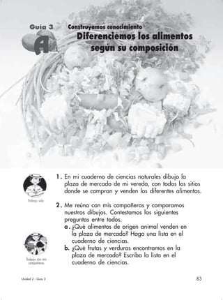 83
Construyamos conocimiento
Diferenciemos los alimentos
según su composiciónAAAAA
Guía 3
Unidad 2 - Guía 3
1 . En mi cuaderno de ciencias naturales dibujo la
plaza de mercado de mi vereda, con todos los sitios
donde se compran y venden los diferentes alimentos.
2 . Me reúno con mis compañeros y comparamos
nuestros dibujos. Contestamos las siguientes
preguntas entre todos.
a . ¿Qué alimentos de origen animal venden en
la plaza de mercado? Hago una lista en el
cuaderno de ciencias.
b. ¿Qué frutas y verduras encontramos en la
plaza de mercado? Escribo la lista en el
cuaderno de ciencias.
Trabajo solo
Trabajo con mis
compañeros
 